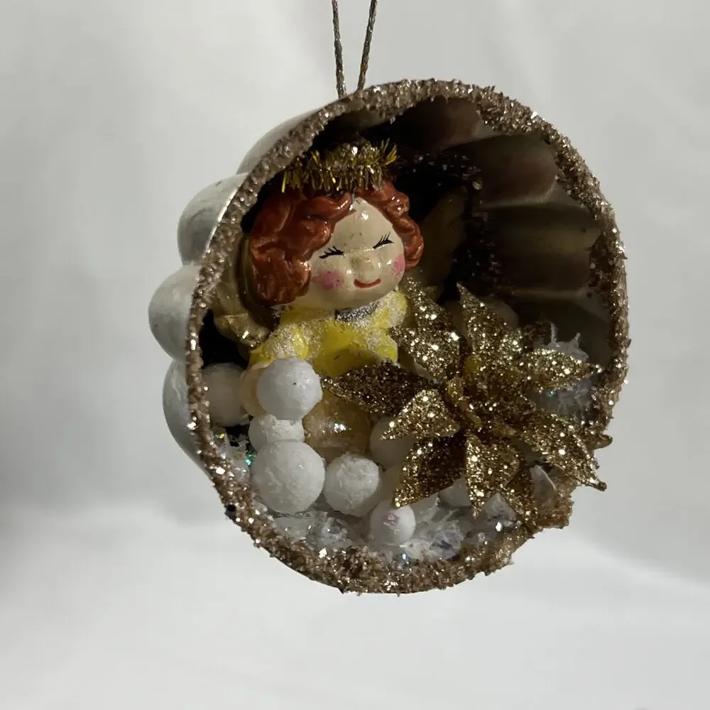 Vintage Round Tart Tin Angel Snow Diorama Mid Century Style Glitter Ornament